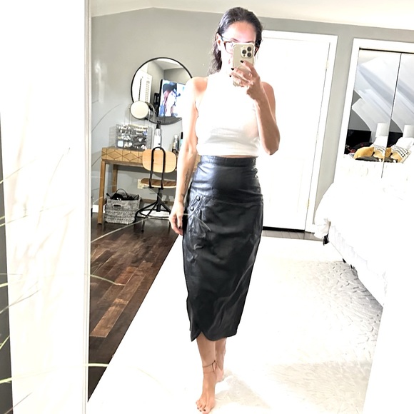 vintage Dresses & Skirts - Vintage black leather ultra high waist crossover skirt size XS